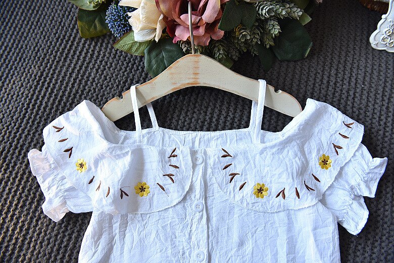 Summer Girls' Clothing Sets Korean Off-the-shoulder Short Sleeve Top +Pocket Pants 2PCS Baby Kids Clothes Suit Children Clothing Summer Girls' Clothing Sets Korean Off-the-shoulder Short Sleeve Top +Pocket Pants 2PCS Baby Kids Clothes Suit Children Clothing