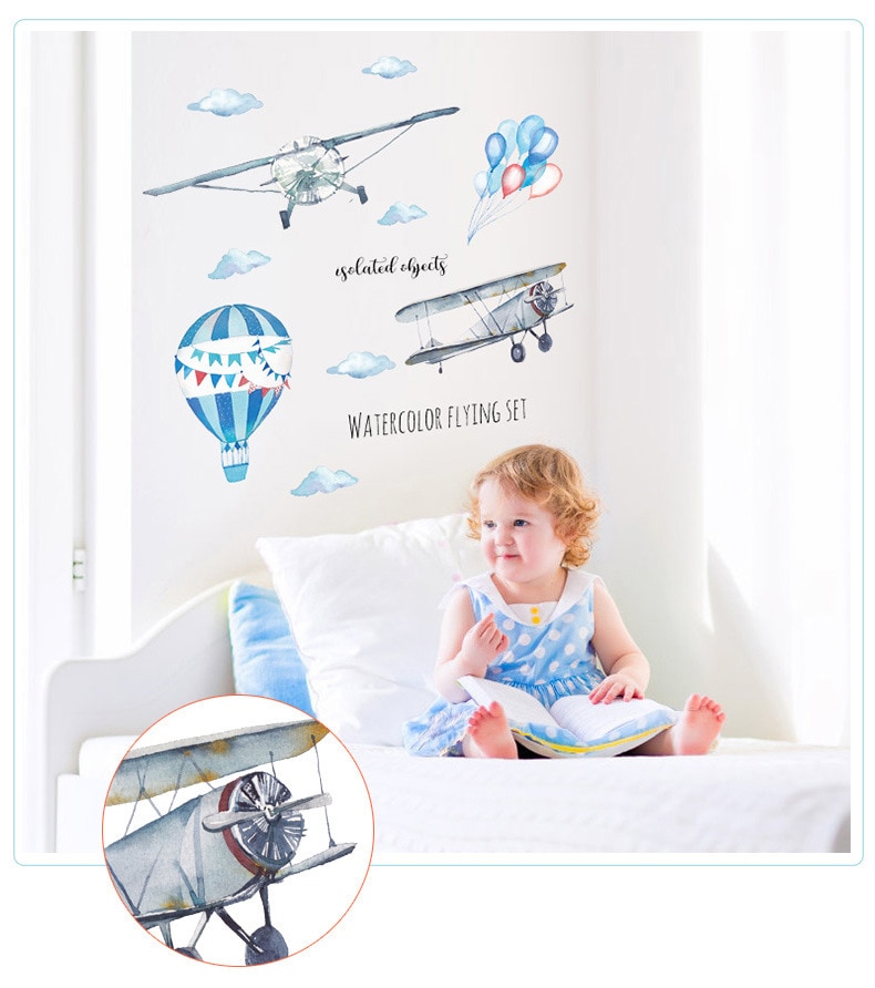 Watercolor airplane hot air balloon Wall Sticker kids baby rooms home decoration PVC Mural Decals nursery stickers wallpaper Watercolor airplane hot air balloon Wall Sticker kids baby rooms home decoration PVC Mural Decals nursery stickers wallpaper