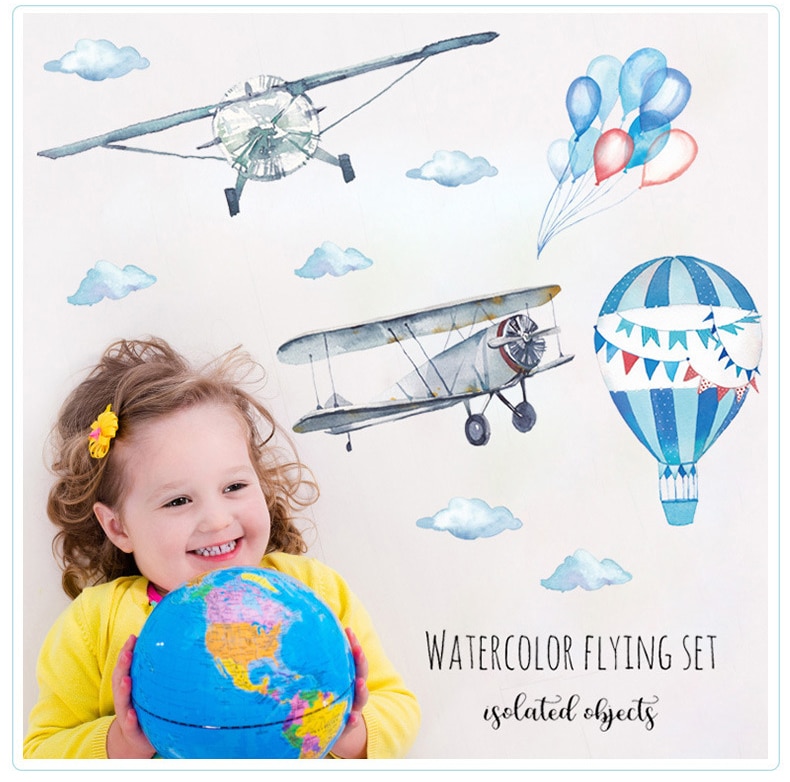 Watercolor airplane hot air balloon Wall Sticker kids baby rooms home decoration PVC Mural Decals nursery stickers wallpaper Watercolor airplane hot air balloon Wall Sticker kids baby rooms home decoration PVC Mural Decals nursery stickers wallpaper