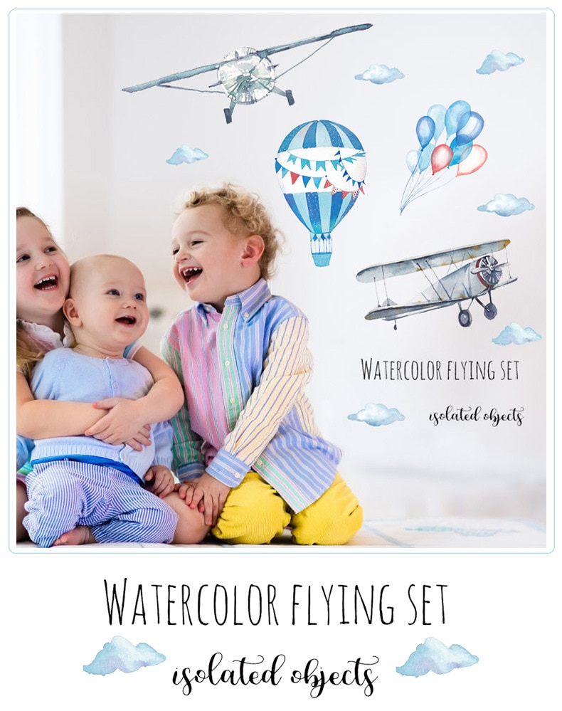 Watercolor airplane hot air balloon Wall Sticker kids baby rooms home decoration PVC Mural Decals nursery stickers wallpaper Watercolor airplane hot air balloon Wall Sticker kids baby rooms home decoration PVC Mural Decals nursery stickers wallpaper