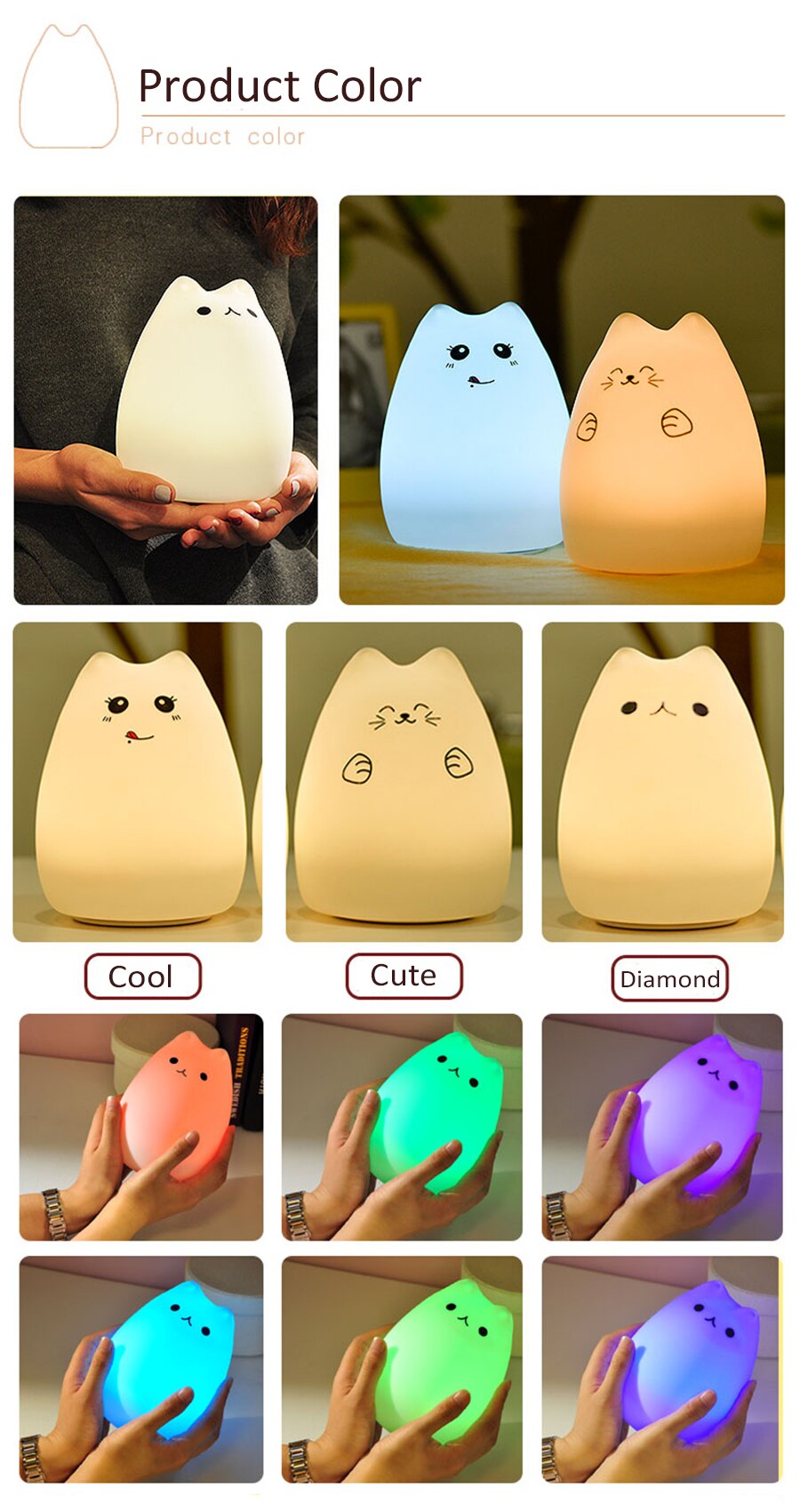 Silicone Touch Sensor LED Night Light For Children Baby Kids 7 Colors 2 modes Cat LED USB LED Night Lamp Silicone Touch Sensor LED Night Light For Children Baby Kids 7 Colors 2 modes Cat LED USB LED Night Lamp