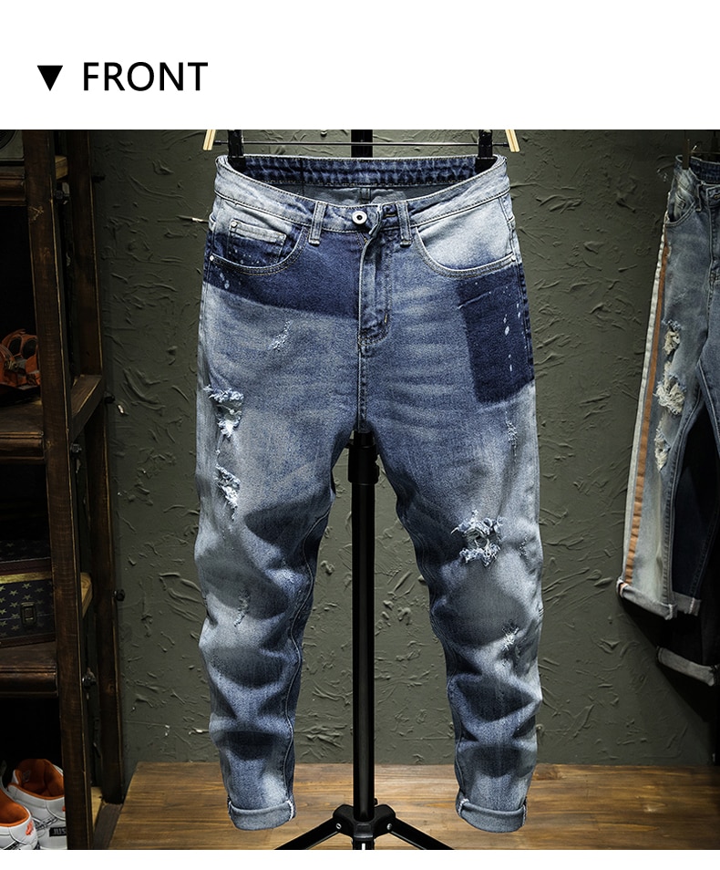 Classic men's Skinny Stretch Denim Jeans Trousers Washed light blue With Ripped Holes patch Pants Slim Joggers Jeans Homme Classic men's Skinny Stretch Denim Jeans Trousers Washed light blue With Ripped Holes patch Pants Slim Joggers Jeans Homme