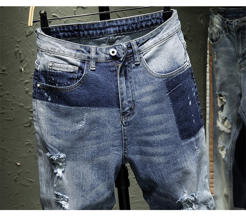 Classic men's Skinny Stretch Denim Jeans Trousers Washed light blue With Ripped Holes patch Pants Slim Joggers Jeans Homme Classic men's Skinny Stretch Denim Jeans Trousers Washed light blue With Ripped Holes patch Pants Slim Joggers Jeans Homme