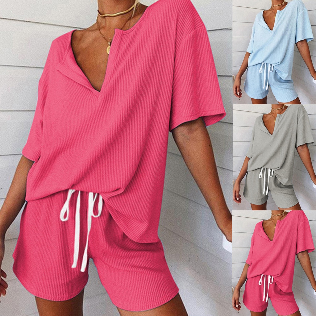 Summer Fashion Women's Pajamas V-Neck Short Sleeve Tracksuit Print Splicing Sleepwear Set Nightwear Home Suit For Women Clothes Summer Fashion Women's Pajamas V-Neck Short Sleeve Tracksuit Print Splicing Sleepwear Set Nightwear Home Suit For Women Clothes