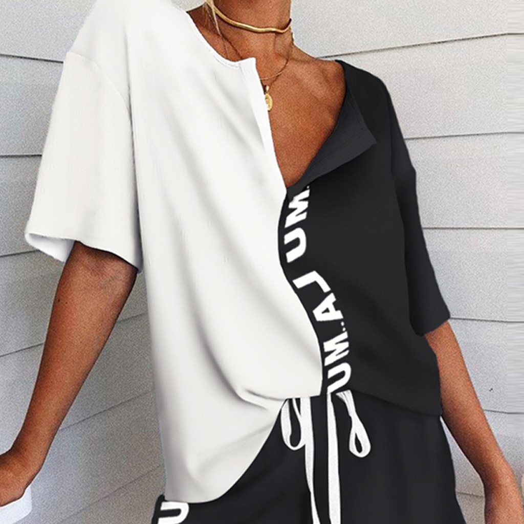 Summer Fashion Women's Pajamas V-Neck Short Sleeve Tracksuit Print Splicing Sleepwear Set Nightwear Home Suit For Women Clothes Summer Fashion Women's Pajamas V-Neck Short Sleeve Tracksuit Print Splicing Sleepwear Set Nightwear Home Suit For Women Clothes