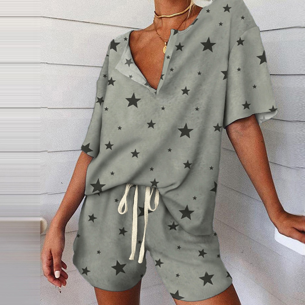 Summer Fashion Women's Pajamas V-Neck Short Sleeve Tracksuit Print Splicing Sleepwear Set Nightwear Home Suit For Women Clothes Summer Fashion Women's Pajamas V-Neck Short Sleeve Tracksuit Print Splicing Sleepwear Set Nightwear Home Suit For Women Clothes